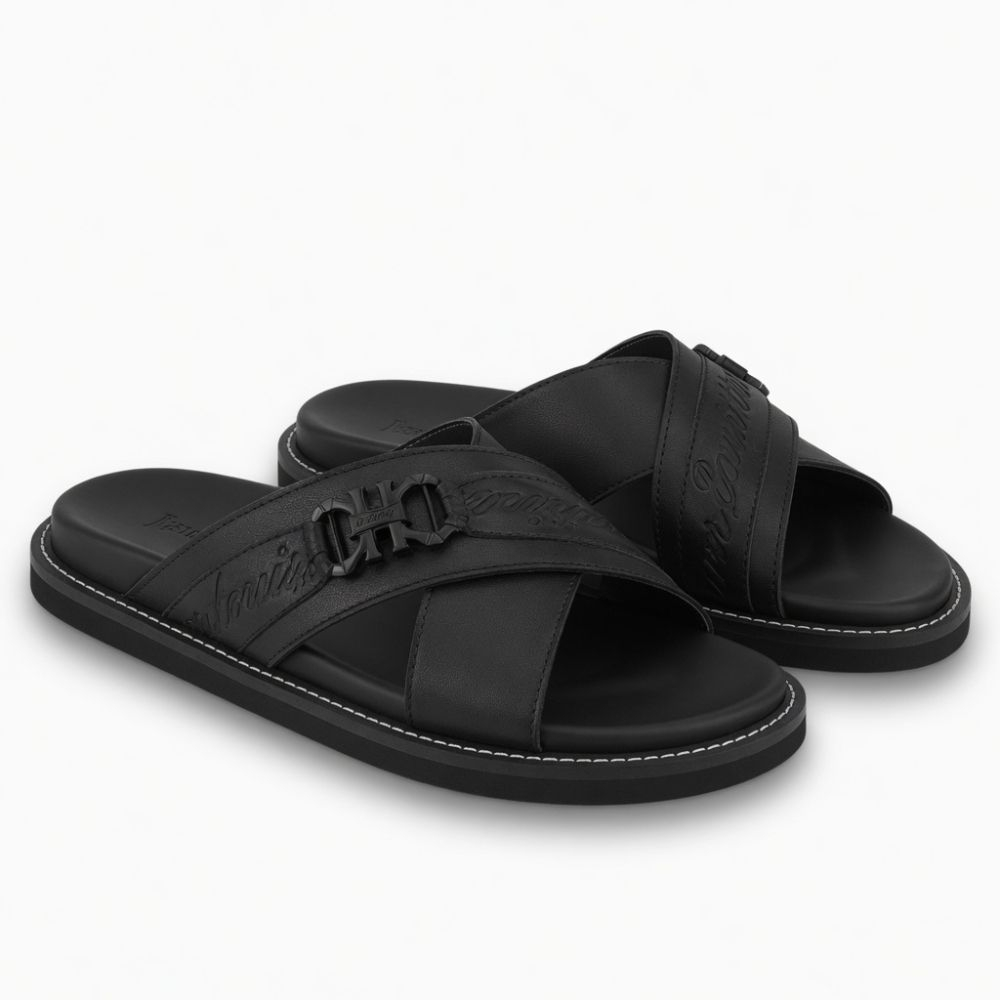 Classic Black Cross Strap Slide Sandals with Decorative Accent